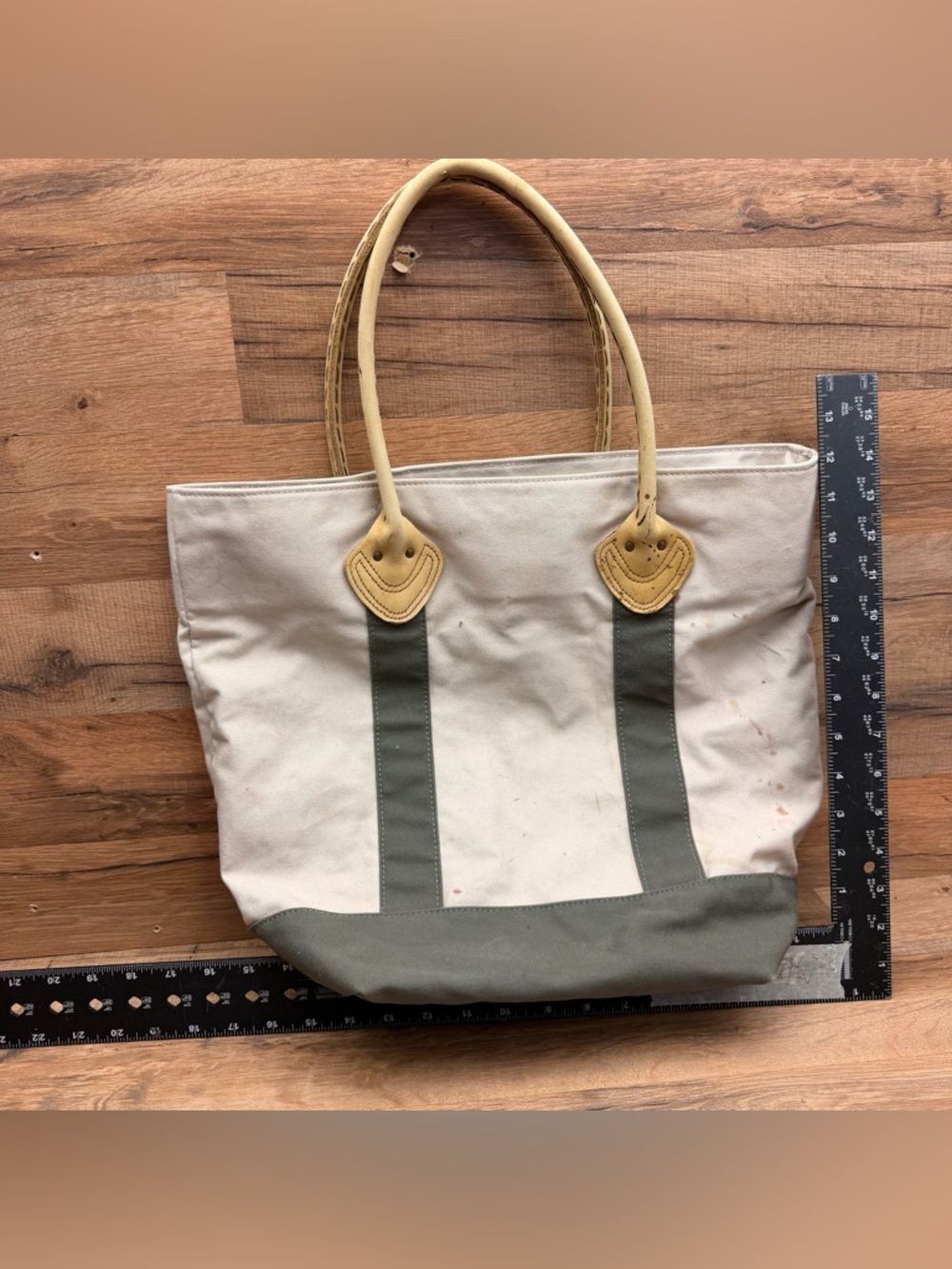 LL Bean Canvas Tote Bag with Leather Handles - Beige and Dark Gray - Picture 6 of 9